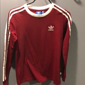 Adidas burgundy three stripe tee XS